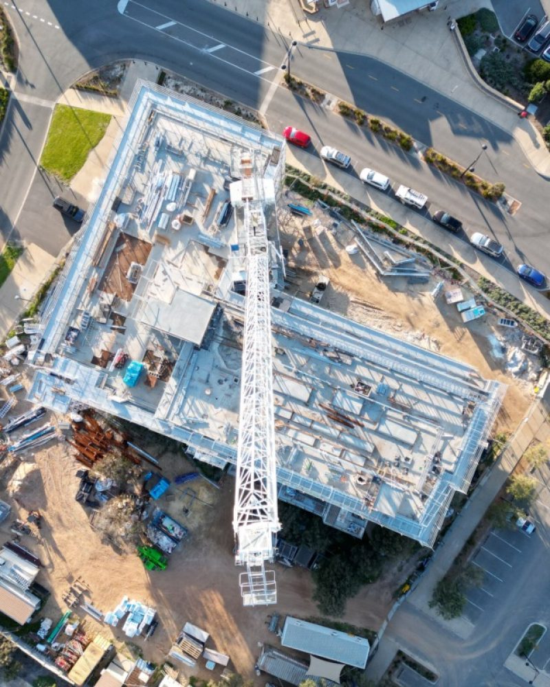 An aerial top shot of a crane in Busselton Australia in a work process